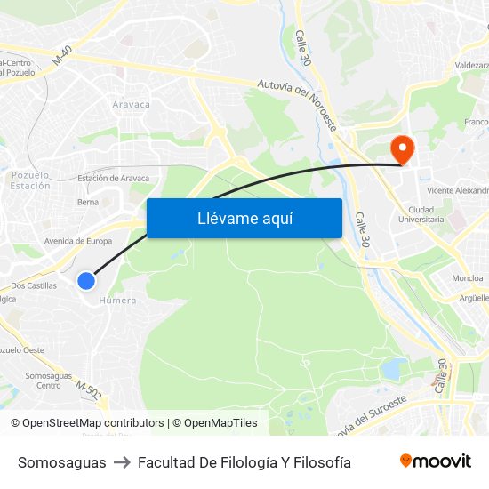 Somosaguas to Facultad De Filología Y Filosofía map