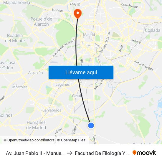 Av. Juan Pablo II - Manuel De Falla to Facultad De Filología Y Filosofía map