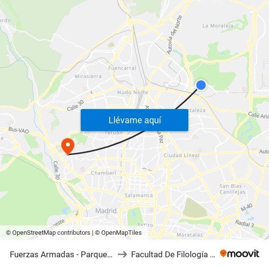 Fuerzas Armadas - Parque Valdebebas to Facultad De Filología Y Filosofía map