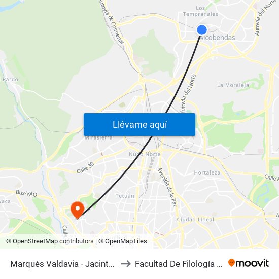 Marqués Valdavia - Jacinto Benavente to Facultad De Filología Y Filosofía map