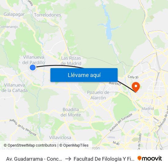 Av. Guadarrama - Concepción to Facultad De Filología Y Filosofía map