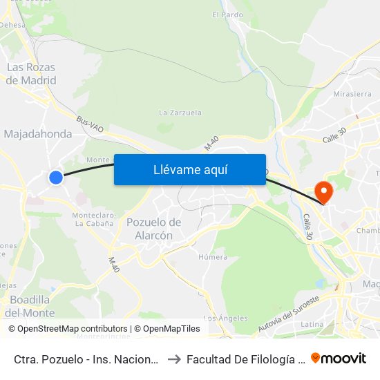 Ctra. Pozuelo - Ins. Nacional De Sanidad to Facultad De Filología Y Filosofía map