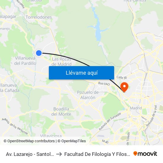 Av. Lazarejo - Santolina to Facultad De Filología Y Filosofía map