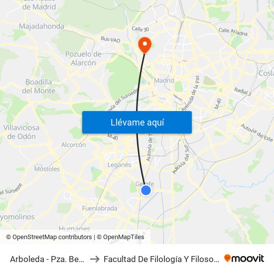 Arboleda - Pza. Beso to Facultad De Filología Y Filosofía map