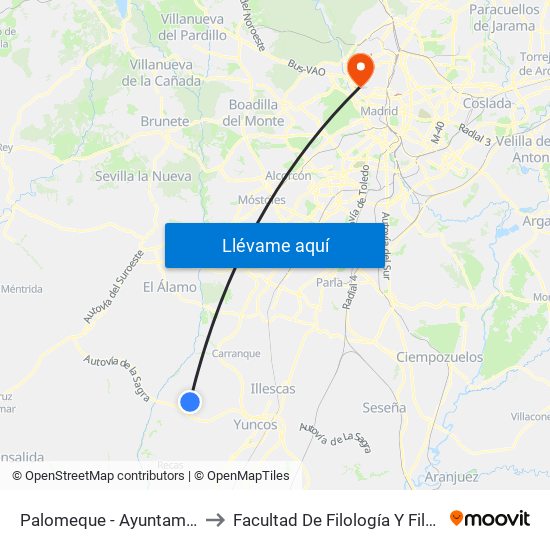 Palomeque - Ayuntamiento to Facultad De Filología Y Filosofía map