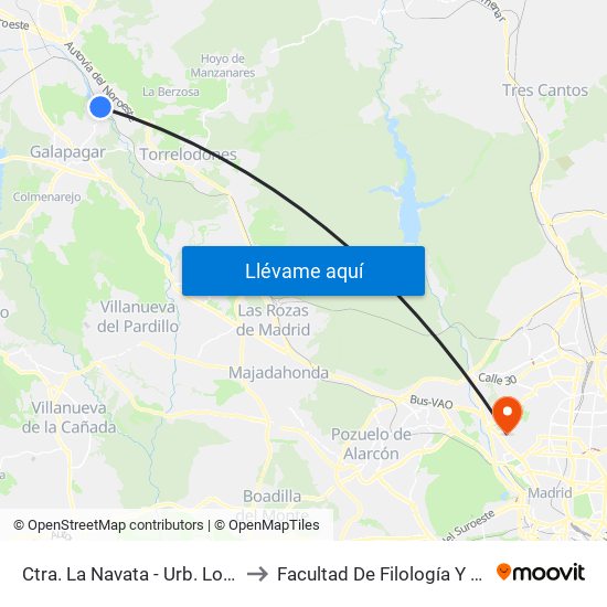 Ctra. La Navata - Urb. Los Olmos to Facultad De Filología Y Filosofía map