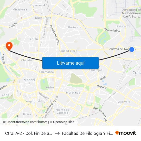 Ctra. A-2 - Col. Fin De Semana to Facultad De Filología Y Filosofía map