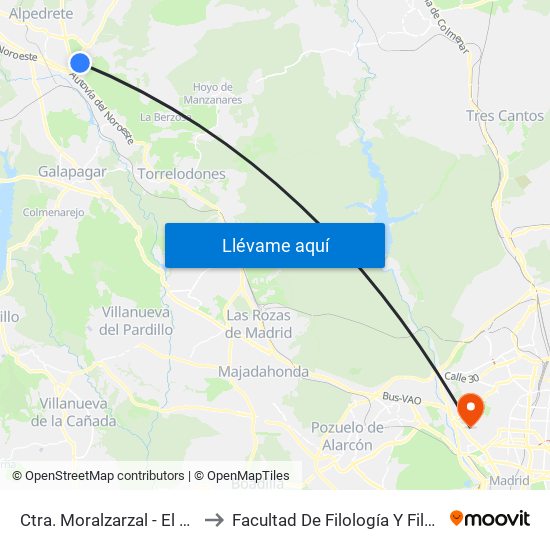 Ctra. Moralzarzal - El Roble to Facultad De Filología Y Filosofía map