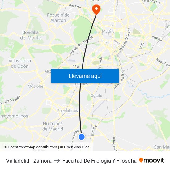 Valladolid - Zamora to Facultad De Filología Y Filosofía map