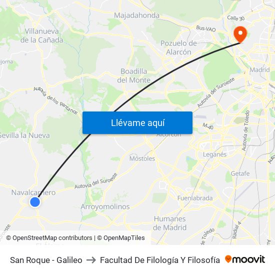 San Roque - Galileo to Facultad De Filología Y Filosofía map