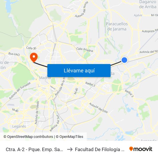 Ctra. A-2 - Pque. Emp. San Fernando to Facultad De Filología Y Filosofía map