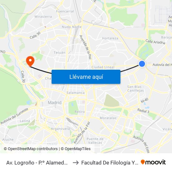 Av. Logroño - P.º Alameda De Osuna to Facultad De Filología Y Filosofía map