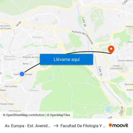 Av. Europa - Est. Avenida Europa to Facultad De Filología Y Filosofía map