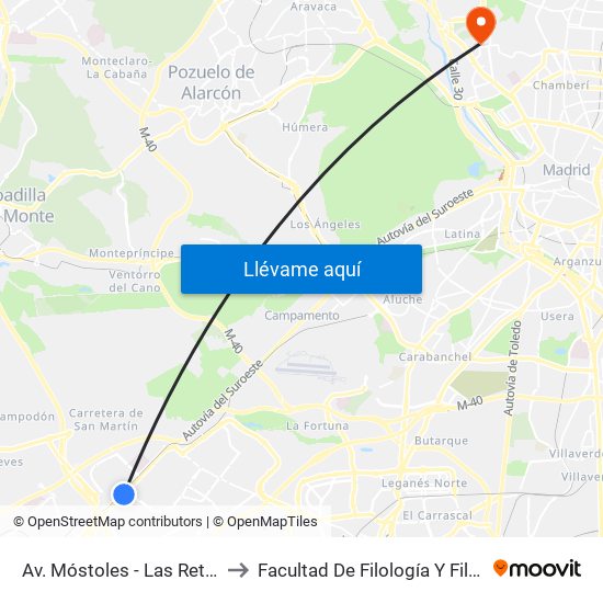 Av. Móstoles - Las Retamas to Facultad De Filología Y Filosofía map