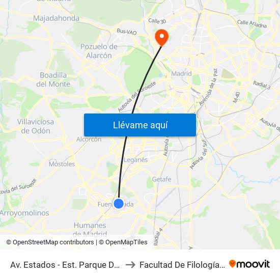 Av. Estados - Est. Parque De Los Estados to Facultad De Filología Y Filosofía map