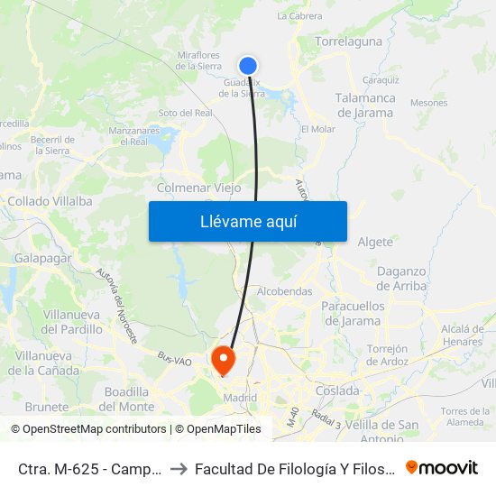 Ctra. M-625 - Camping to Facultad De Filología Y Filosofía map