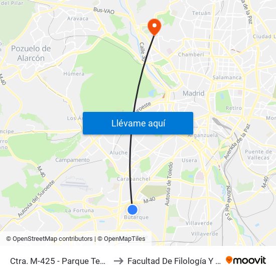 Ctra. M-425 - Parque Tecnológico to Facultad De Filología Y Filosofía map