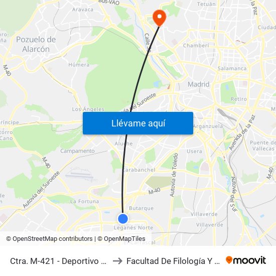 Ctra. M-421 - Deportivo Butarque to Facultad De Filología Y Filosofía map