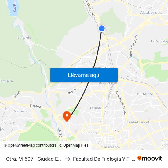 Ctra. M-607 - Ciudad Escolar to Facultad De Filología Y Filosofía map