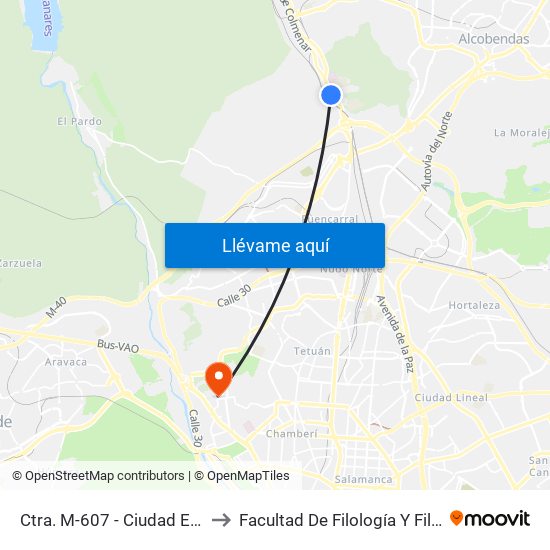 Ctra. M-607 - Ciudad Escolar to Facultad De Filología Y Filosofía map