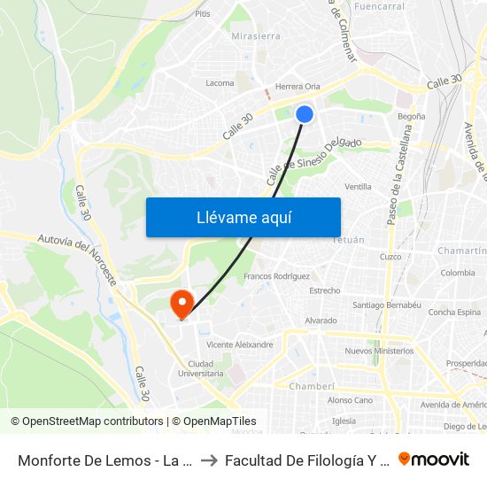 Monforte De Lemos - La Vaguada to Facultad De Filología Y Filosofía map