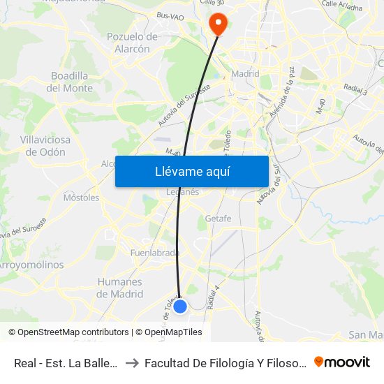 Real - Est. La Ballena to Facultad De Filología Y Filosofía map