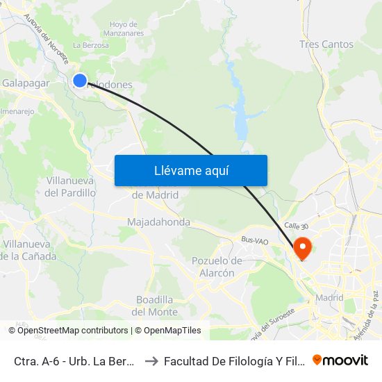 Ctra. A-6 - Urb. La Berzosilla to Facultad De Filología Y Filosofía map