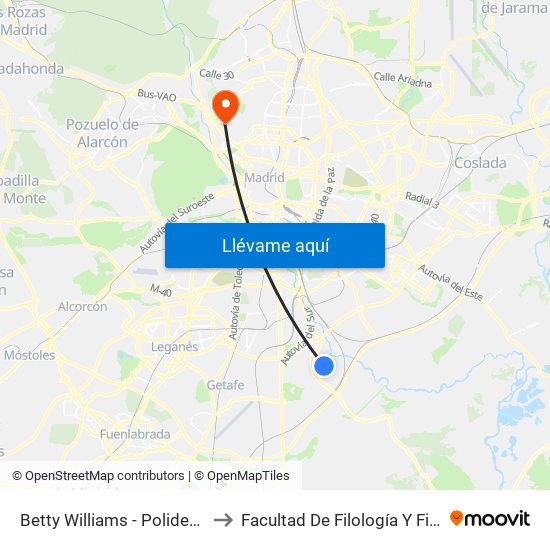 Betty Williams - Polideportivo to Facultad De Filología Y Filosofía map