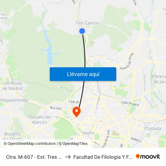 Ctra. M-607 - Est. Tres Cantos to Facultad De Filología Y Filosofía map