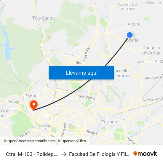 Ctra. M-103 - Polideportivo to Facultad De Filología Y Filosofía map