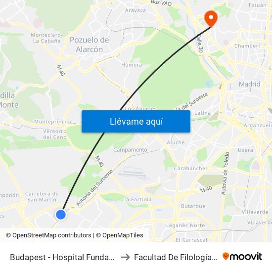 Budapest - Hospital Fundación Alcorcón to Facultad De Filología Y Filosofía map