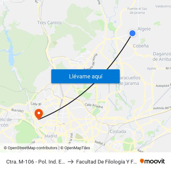 Ctra. M-106 - Pol. Ind. El Nogal to Facultad De Filología Y Filosofía map