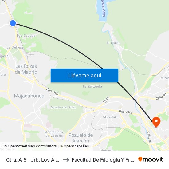 Ctra. A-6 - Urb. Los Álamos to Facultad De Filología Y Filosofía map