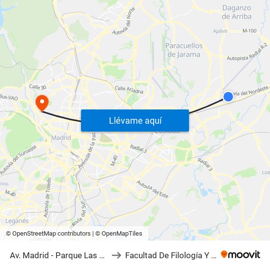 Av. Madrid - Parque Las Veredillas to Facultad De Filología Y Filosofía map