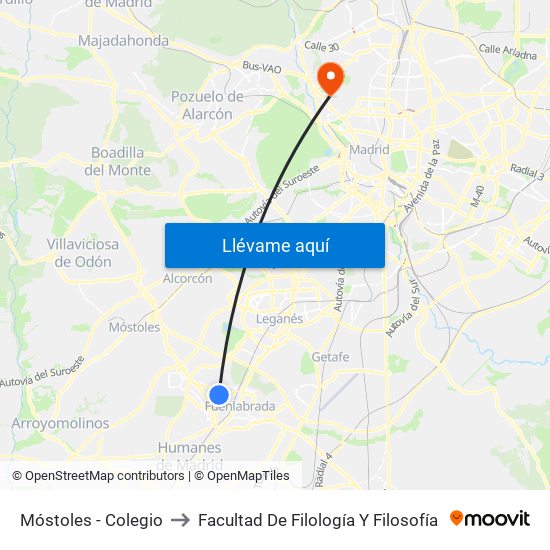 Móstoles - Colegio to Facultad De Filología Y Filosofía map