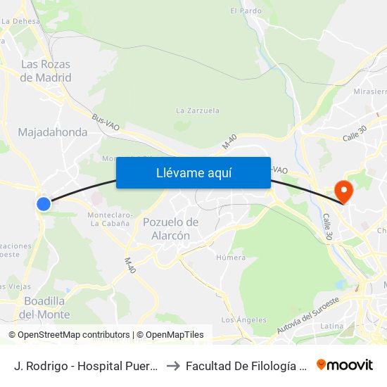 J. Rodrigo - Hospital Puerta De Hierro to Facultad De Filología Y Filosofía map