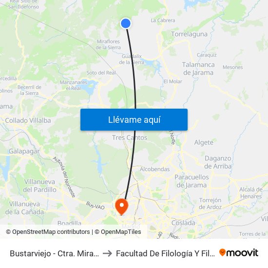 Bustarviejo - Ctra. Miraflores to Facultad De Filología Y Filosofía map