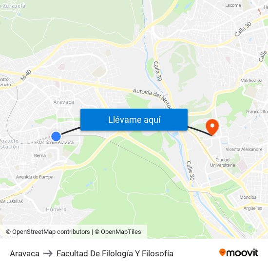 Aravaca to Facultad De Filología Y Filosofía map