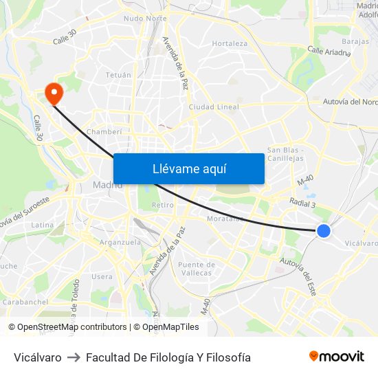 Vicálvaro to Facultad De Filología Y Filosofía map