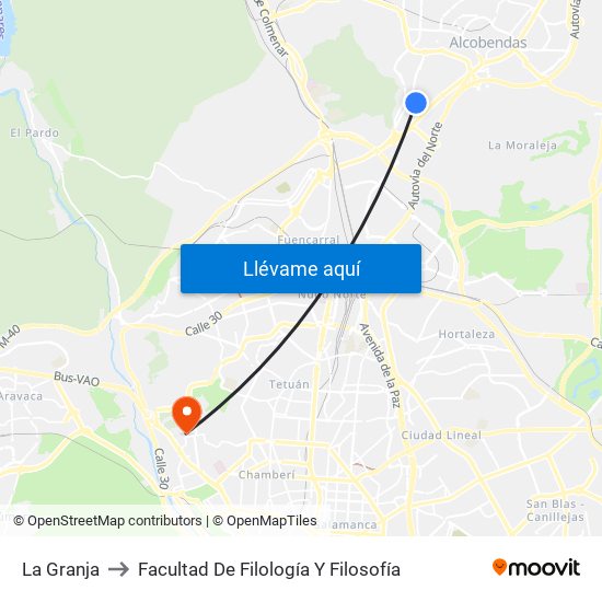 La Granja to Facultad De Filología Y Filosofía map