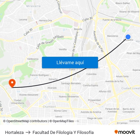 Hortaleza to Facultad De Filología Y Filosofía map