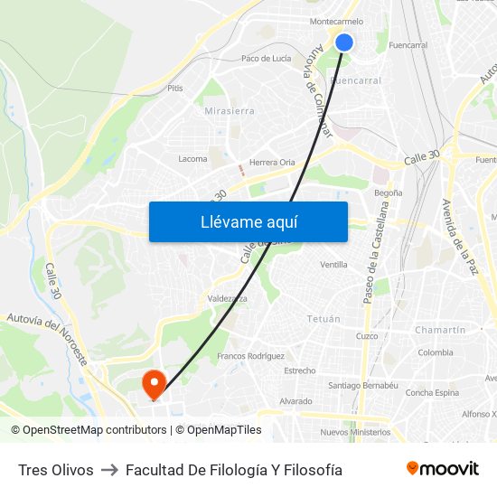 Tres Olivos to Facultad De Filología Y Filosofía map