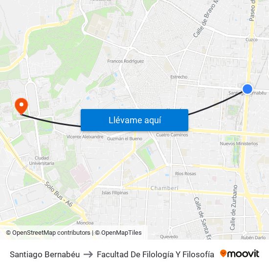 Santiago Bernabéu to Facultad De Filología Y Filosofía map