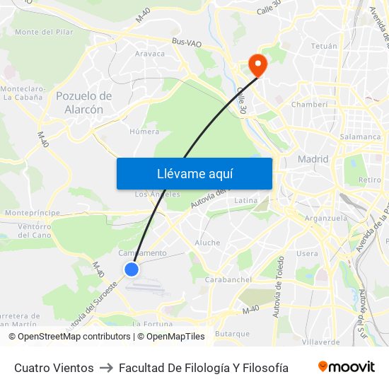 Cuatro Vientos to Facultad De Filología Y Filosofía map