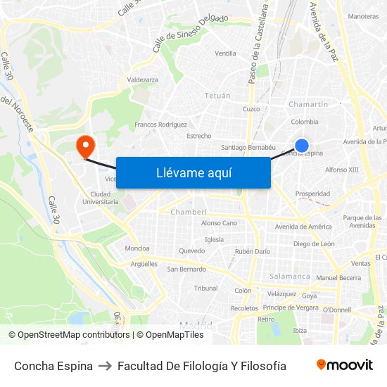 Concha Espina to Facultad De Filología Y Filosofía map