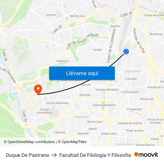 Duque De Pastrana to Facultad De Filología Y Filosofía map