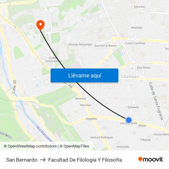 San Bernardo to Facultad De Filología Y Filosofía map