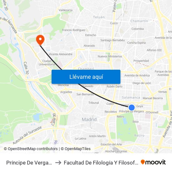 Príncipe De Vergara to Facultad De Filología Y Filosofía map