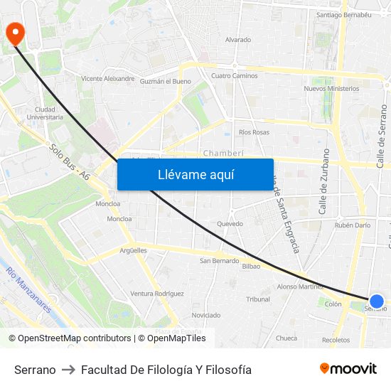 Serrano to Facultad De Filología Y Filosofía map