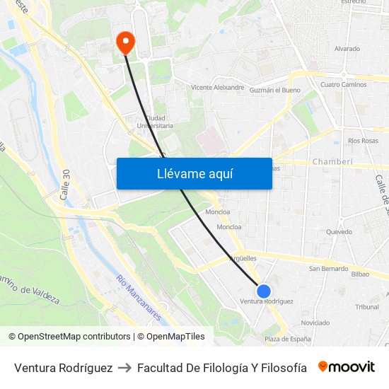 Ventura Rodríguez to Facultad De Filología Y Filosofía map